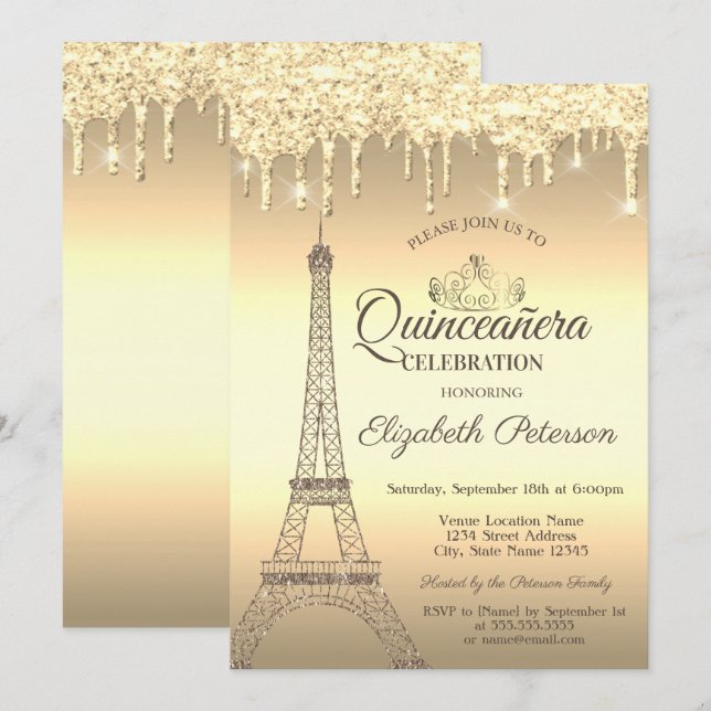 Guld Glitter Eiffeltorn, Tiara, Drippar Quinceañer Inbjudningar (Fram/baksida)