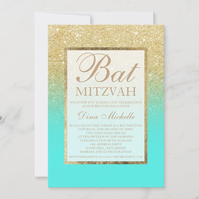 Guld glitter elegant  akvatal chic Bat mitzvah Inbjudningar (Framsida)