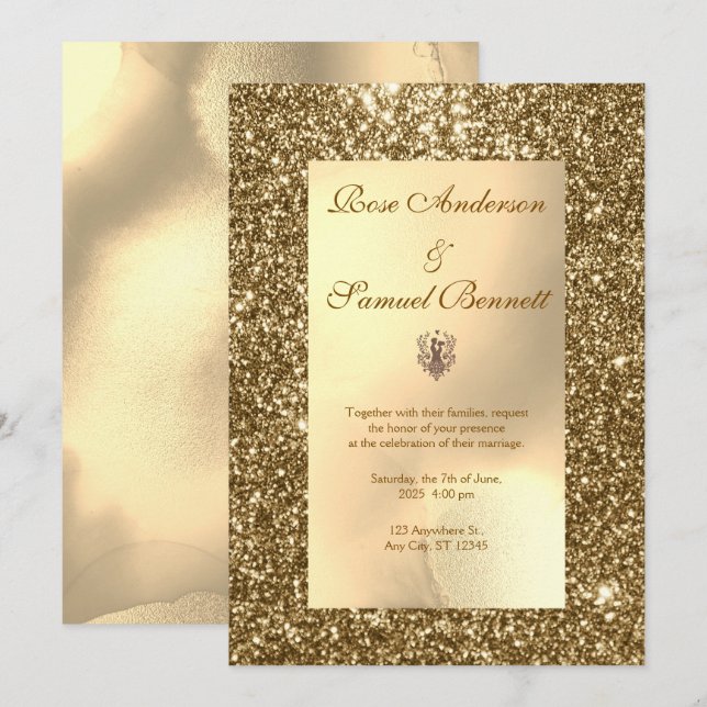 Guld Glitter Elegant Chic Bröllopsinbjudan Inbjudningar (Fram/baksida)