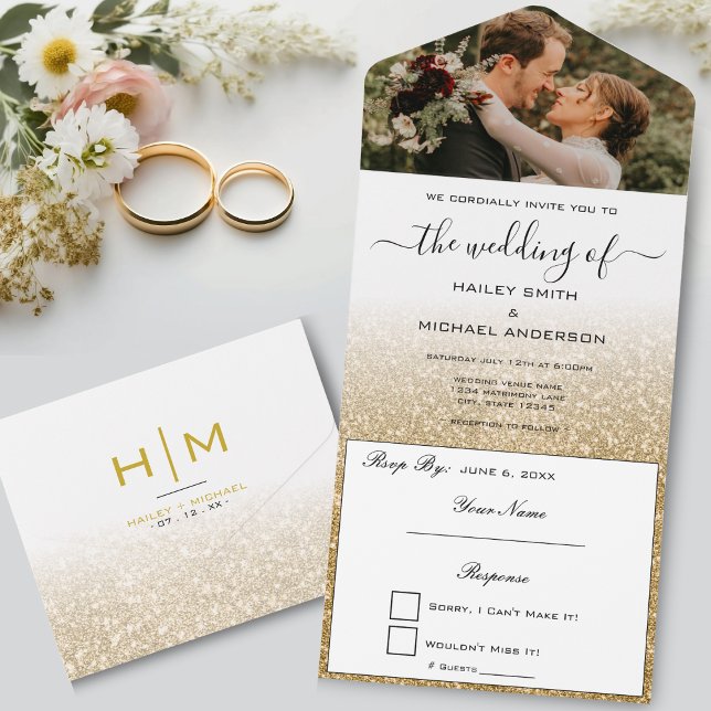 Guld Glitter Elegant Modern foto Bröllop (Gold Glitter Ombre Elegant Modern Photo Wedding All In One Invitation)