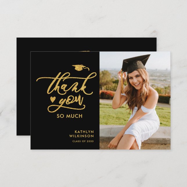 Guld Glitter Elegant Script Photo Studenten Tack Kort (Fram/baksida)
