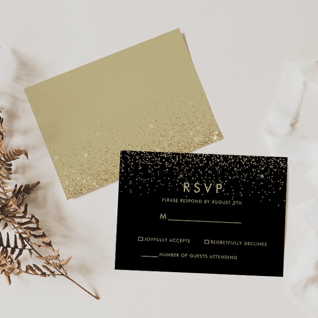 Guld Glitter Elegant Svart RSVP OSA Kort (Skapare uppladdad)