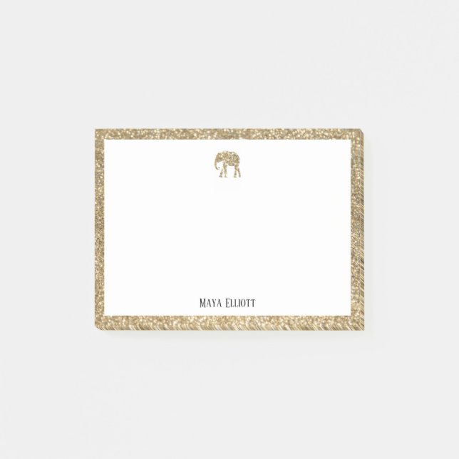 Guld Glitter Elephant & Gräns med vit Post-it Block (Framsida)