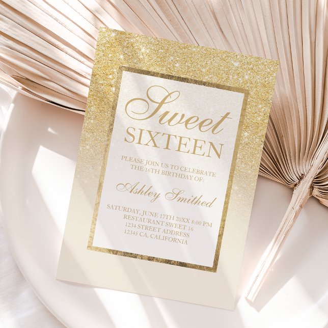Guld glitter, elfenben elegant Sweet sixteen 1 Inbjudningar (Skapare uppladdad)