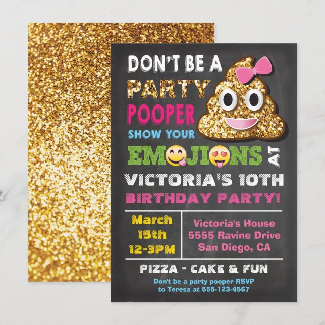 Guld Glitter Emoji Party Pooper Girl Birthay Inbjudningar (Fram/baksida)