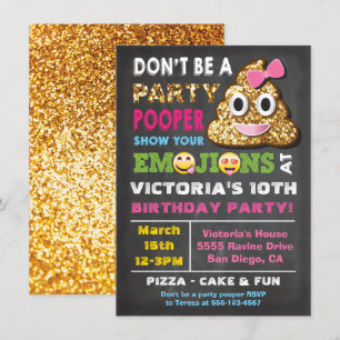 Guld Glitter Emoji Party Pooper Girl Birthay Inbjudningar