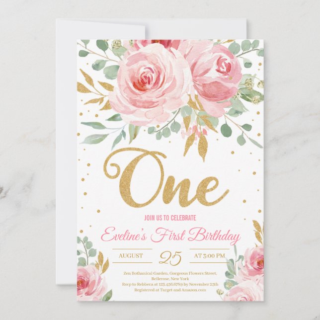 Guld glitter en  rosa blommigt födelsedag första f inbjudningar (Framsida)