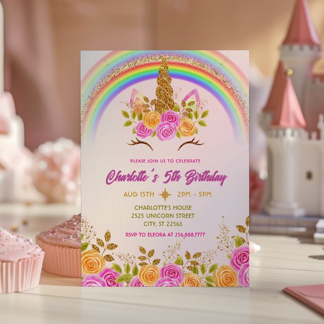 Guld Glitter Enhörning Blommig Barnkalas Inbjudningar (Skapare uppladdad)