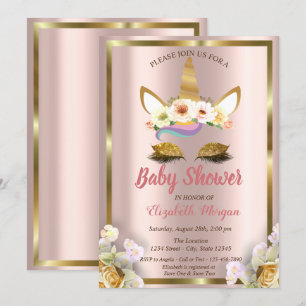 Guld Glitter Enhörning Blommig Krona Baby Shower I Inbjudningar