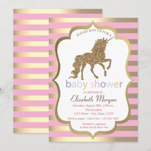 Guld Glitter Enhörning, Randig Baby Shower Inbjuda Inbjudningar