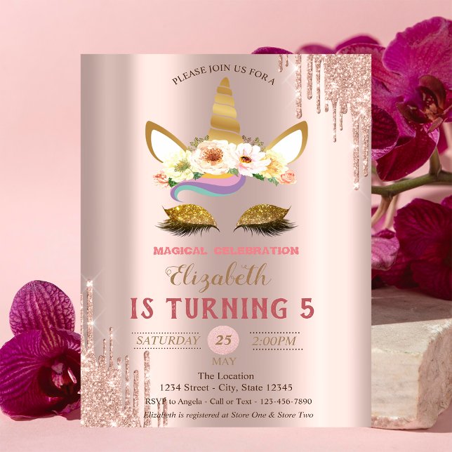 Guld Glitter Enhörning,Rosa Guld Dropar Födelsedag Inbjudningar (Skapare uppladdad)