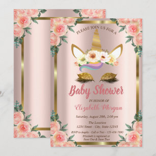 Guld Glitter Enhörning Rosor Krona Baby Shower Inb Inbjudningar