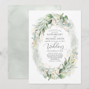 Guld Glitter Eucalyptus Greenery Wandey Bröllop Inbjudningar