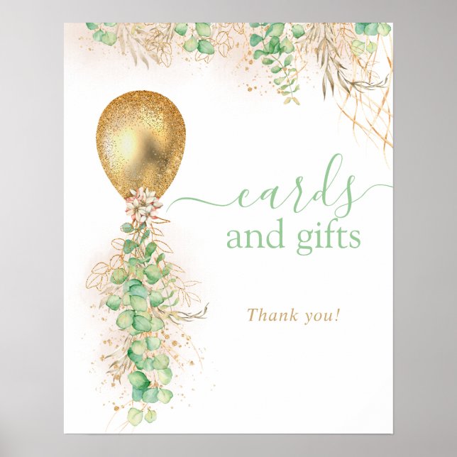 Guld Glitter Eukalyptus Ballong Kort Och Gåvor Poster (Framsidan)
