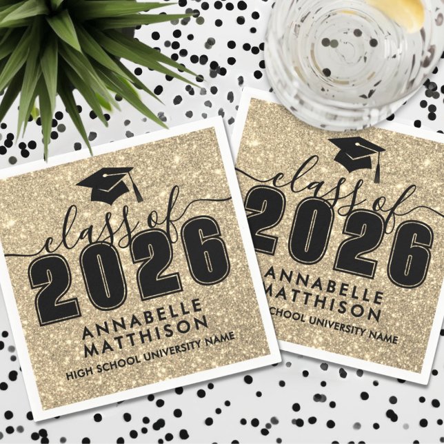 Guld Glitter Examen Pappersservett (Gold Glitter Graduation Napkins)