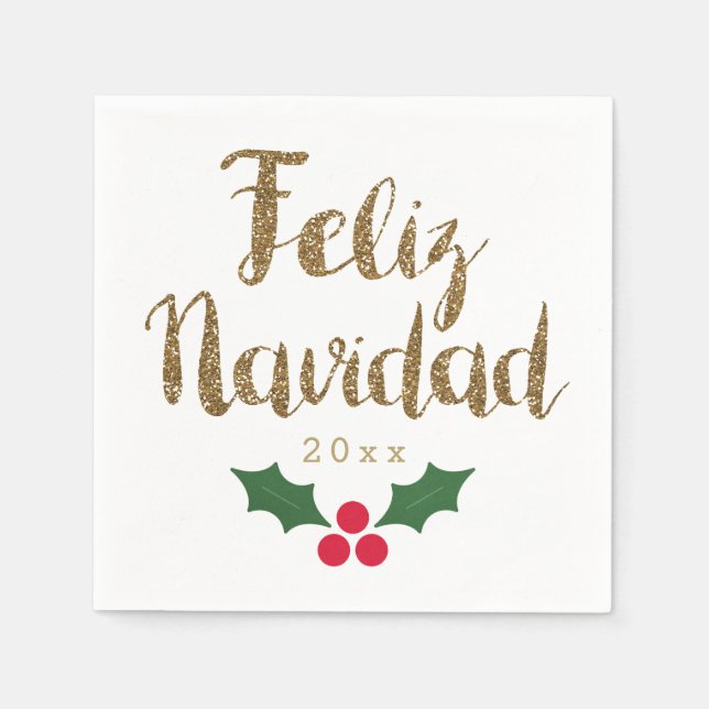 Guld Glitter Feliz Navidad 2021 Pappersservett (Framsidan)
