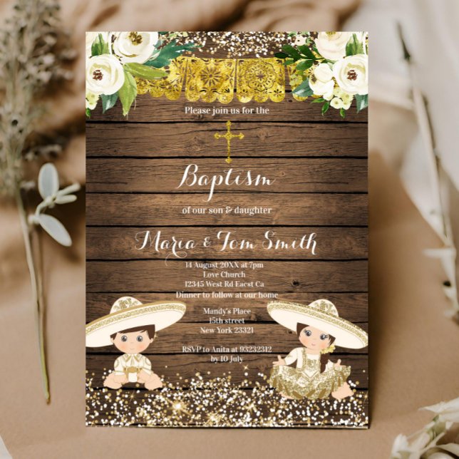 Guld Glitter Fiesta Boy & Girl Baptism Christening Inbjudningar (Skapare uppladdad)