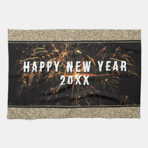 Guld Glitter Fireworks Gott nytt år 2023 Kökshandduk