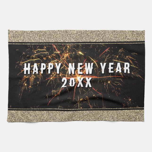 Guld Glitter Fireworks Gott nytt år 2023 Kökshandduk (Horisontell)