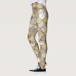 Guld Glitter Fjäll Monogram Mermaid Leggings
