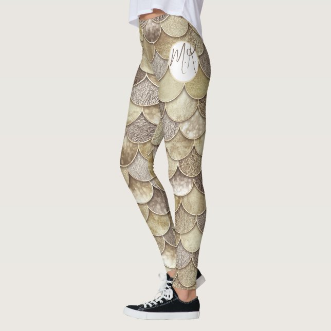 Guld Glitter Fjäll Monogram Mermaid  Leggings (Vänster)