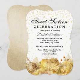 Guld Glitter Flowers Sweet 16 Inbjudan