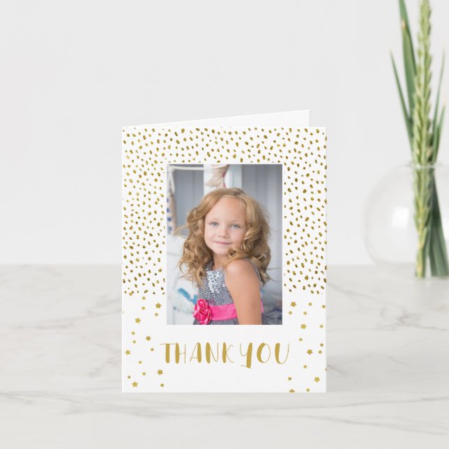 Guld Glitter Födelsedag Barn Tjej 2 Foto Tack Kort (Framsida)