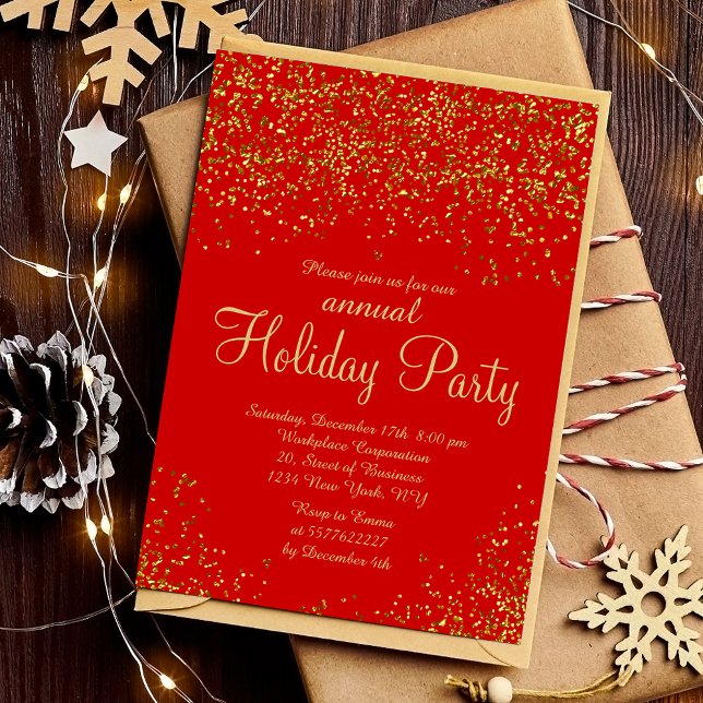 Guld glitter-folie röd konfirmi jul inbjudningar (Gold glitter foil red confetti corporate Christmas Invitation)