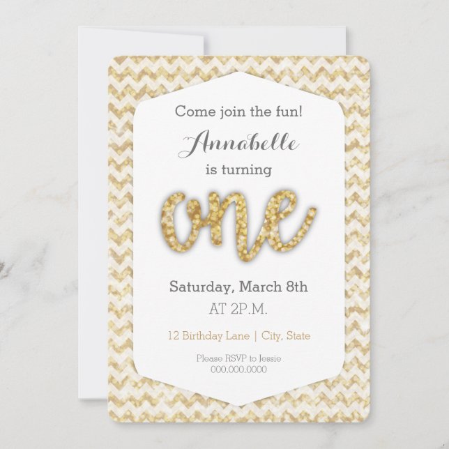 Guld Glitter första födelsedagskort Inbjudningar (Framsida)