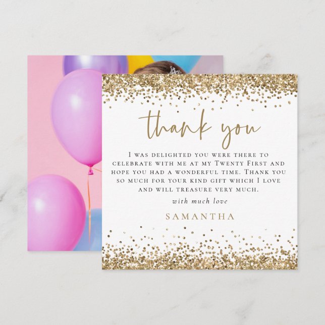 Guld Glitter Foto 21:a fyrkantiga Tack Anteckningskort (Fram/baksida)