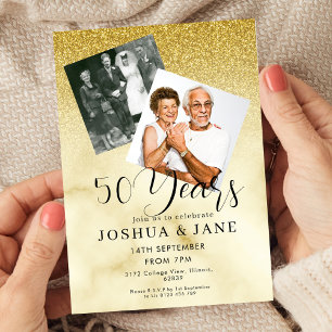 Guld Glitter Foto 50-års bröllopsjubileum Inbjudningar