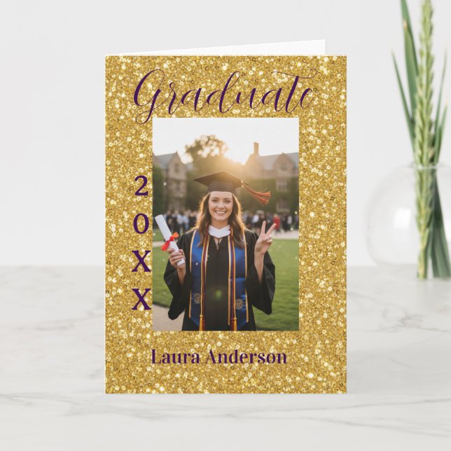 Guld glitter foto examen lägg till namn klass text kort (Framsida)