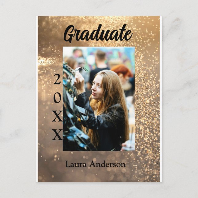 Guld glitter foto examen lägg till namn klass text vykort (Framsida)