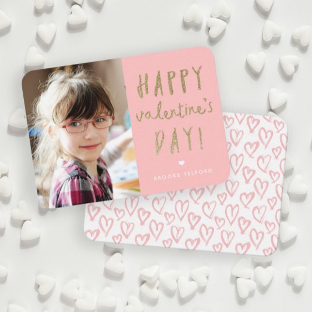 Guld Glitter Fotoklassrummet Lycklig Alla hjärtans Anteckningskort (Handwritten gold glitter photo classroom Valentine's Day card.)