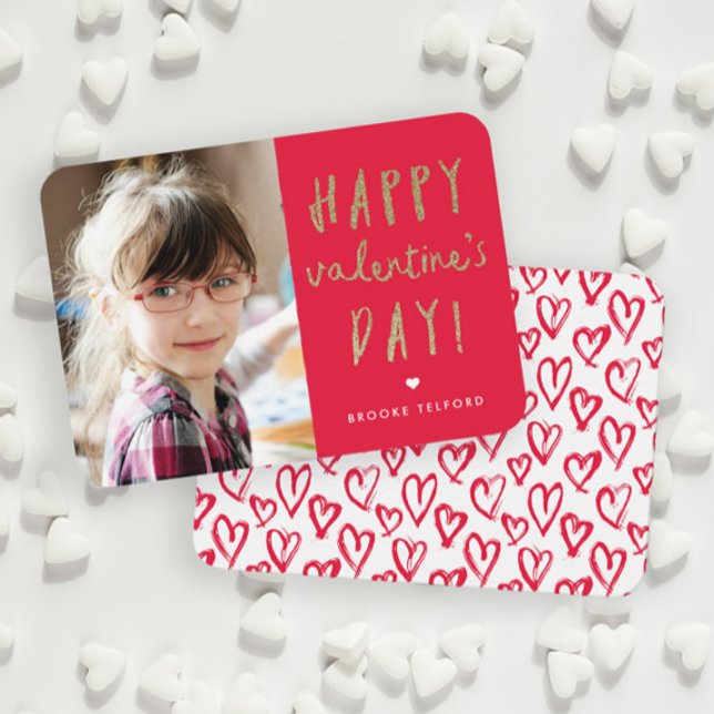Guld Glitter Fotoklassrummet Lycklig Alla hjärtans Anteckningskort (Handwritten gold glitter photo classroom Valentine's Day cards.)