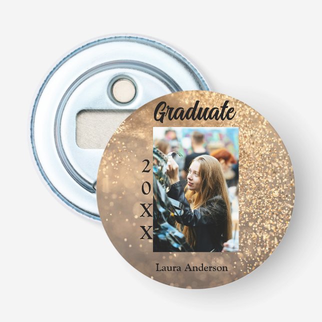 Guld glitter fotot studenten Lägg till namn-klasst Flasköppnare (Framsidan)