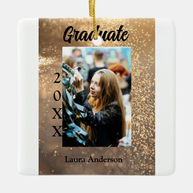 Guld glitter fotot studenten Lägg till namn-klasst Julgransprydnad Keramik (Framsida)
