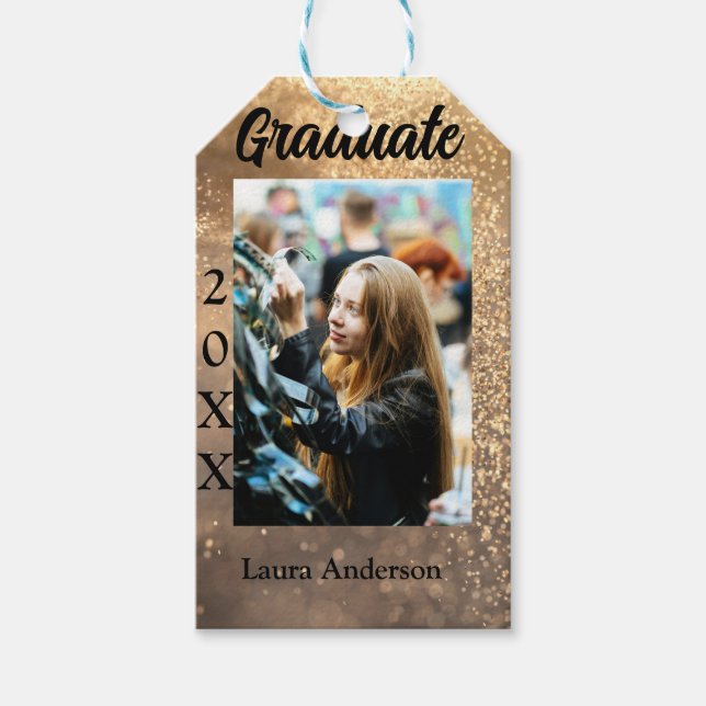 Guld glitter fotot studenten Lägg till namn-klasst Presentetikett (Framsidan)