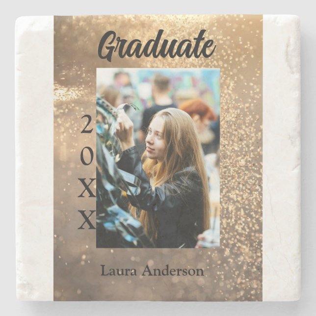Guld glitter fotot studenten Lägg till namn-klasst Stenunderlägg (Framsidan)