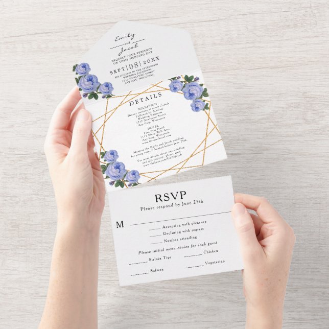 Guld Glitter Geo Blå Blommig Bröllopsdetaljer RSVP (Avrivbar del)