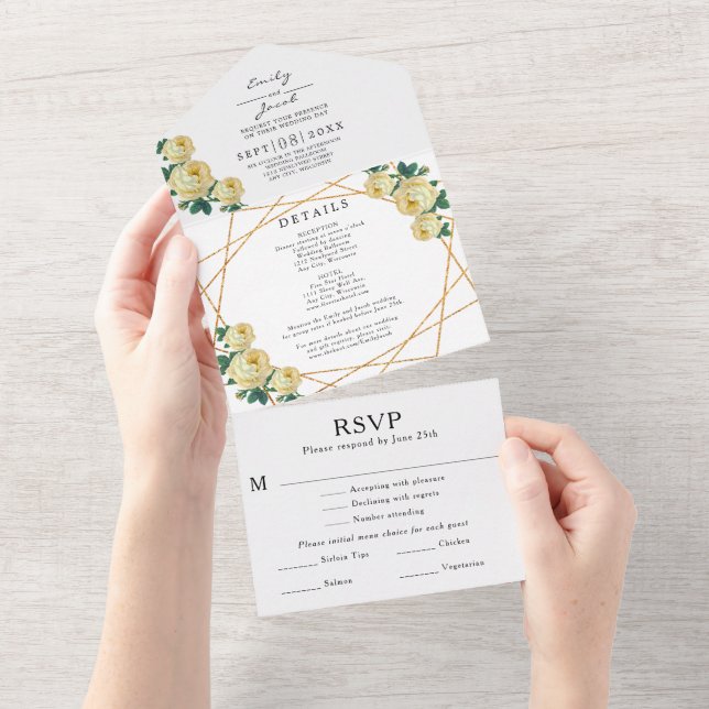 Guld Glitter Geo Gul Blommig Bröllopsdetalj RSVP (Avrivbar del)