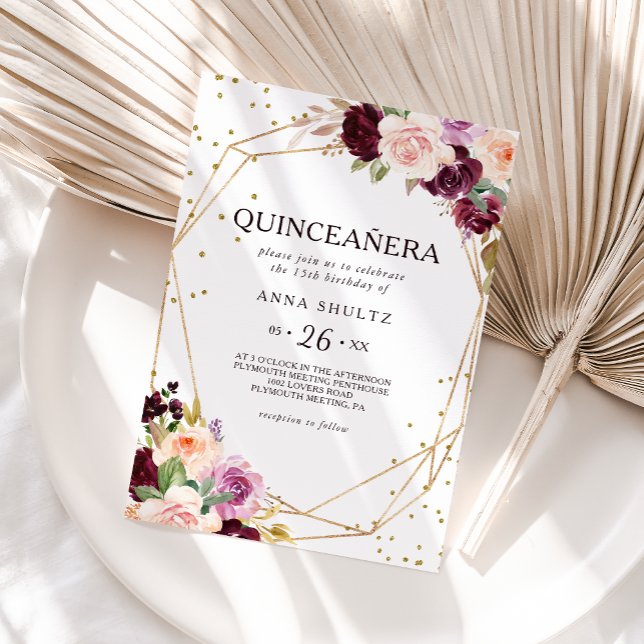 Guld Glitter Geometric Blommigt Quinceañera Inbjudningar (Skapare uppladdad)