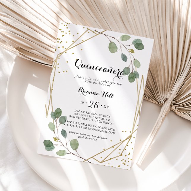 Guld Glitter Geometric Greenery Quinceañera Inbjudningar (Skapare uppladdad)