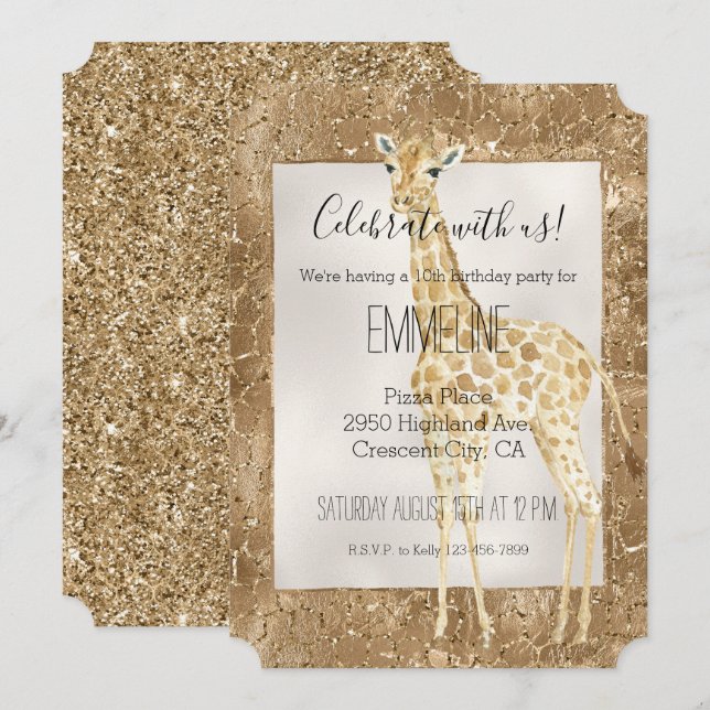 Guld Glitter Giraffe Animal Print Inbjudningar (Fram/baksida)
