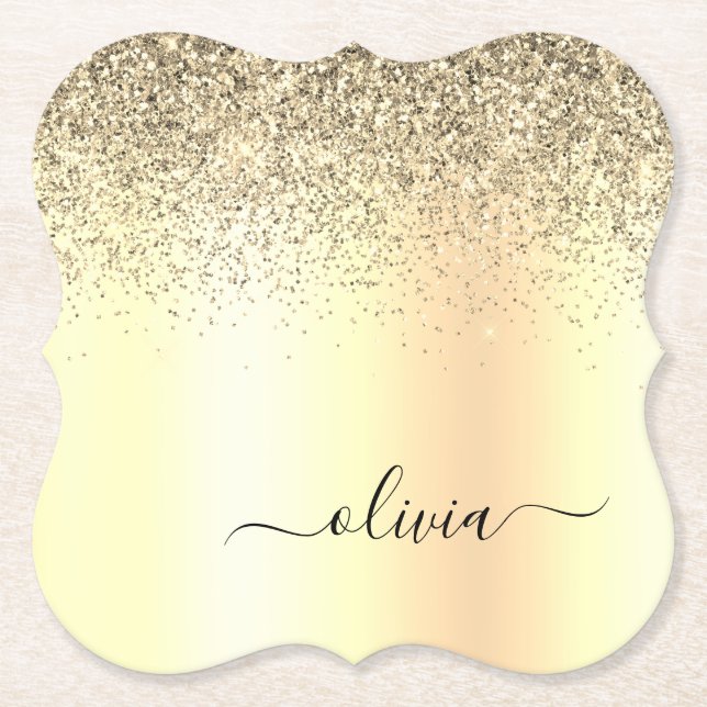 Guld Glitter Girly Luxury Modern Monogram Namn Underlägg Papper (Framsida)