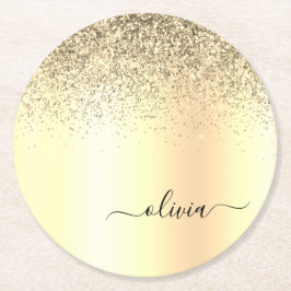 Guld Glitter Girly Luxury Modern Monogram Namn Underlägg Papper Rund