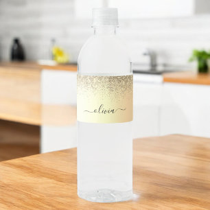 Guld Glitter Girly Luxury Modern Monogram Namn Vattenflaskor Etikett