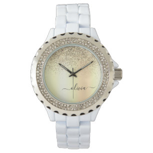 Guld Glitter Girly Lyx Modern Monogram Namn Armbandsur