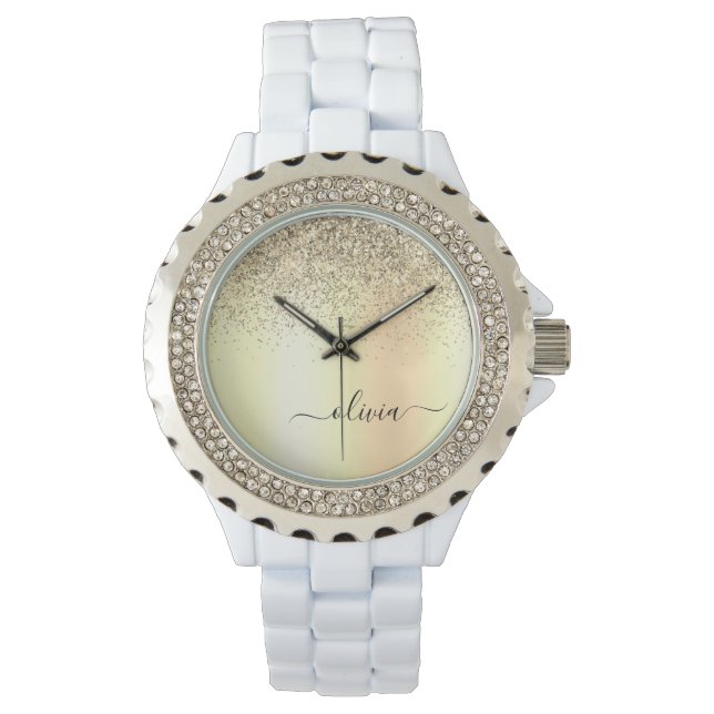 Guld Glitter Girly Lyx Modern Monogram Namn Armbandsur (Framsida)