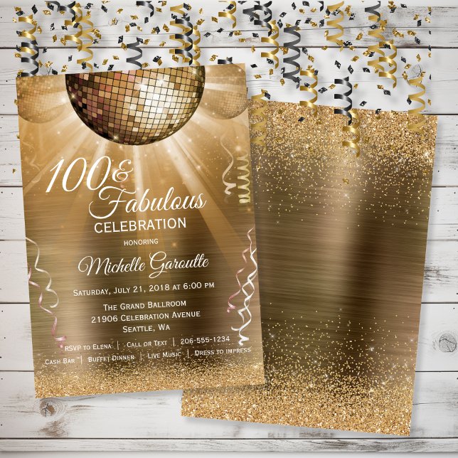Guld Glitter Glam 100 och Fabulous Disco Boll Inbjudningar (Gold Glitter Glam 100 and Fabulous Disco Ball Invitation)